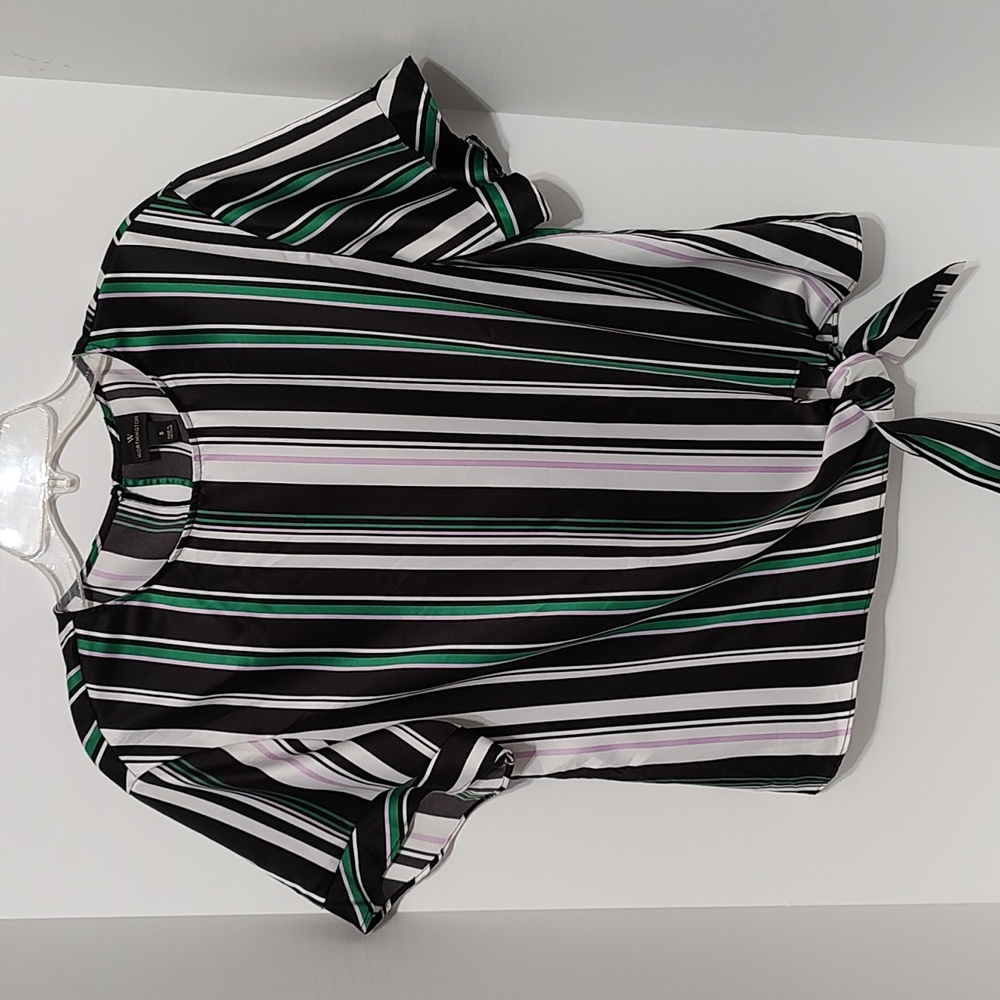 Striped Tie-Front Blouse in Black, White & Green